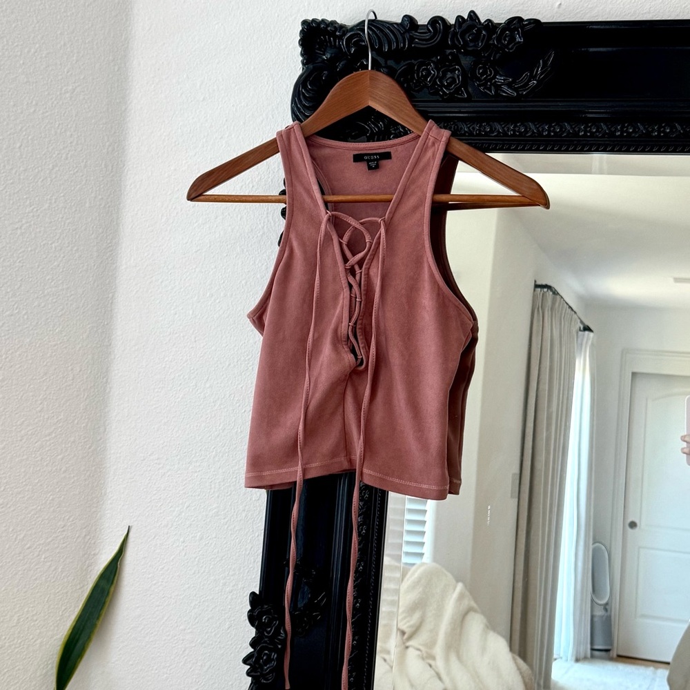 Guess | Women’s Pink Lace-Up Suede Cropped Tank Top